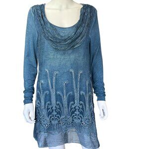Soft Surroundings Tunic Top Womens M Blue Silk Blend Embellished Long Sleeve